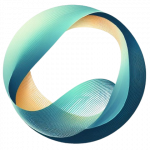 Kreisförmiges Logo mit verschlungenen dreidimensionalen Linien, die Kreisinnenseite ist orange, die Außenseite Türkis und blau mit fließenden Farbübergängen